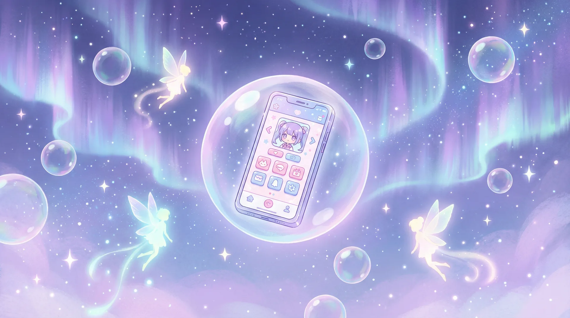萝莉岛APP界面预览 - 星空中漂浮的手机气泡与精灵